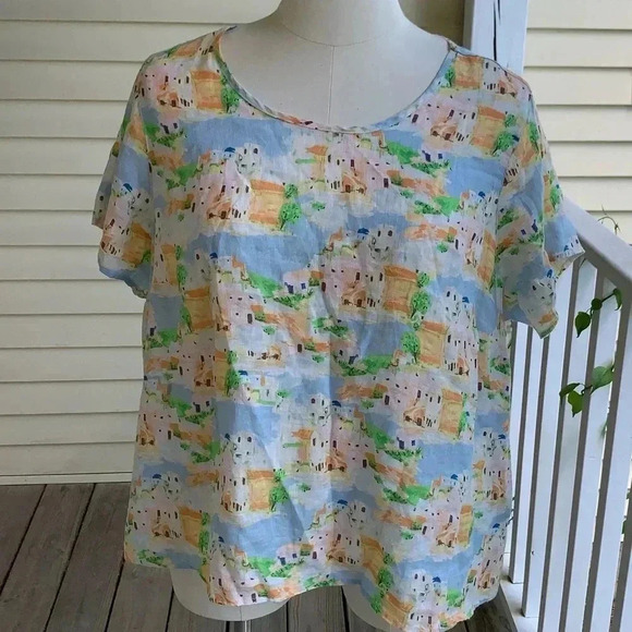 Cynthia Rowley 100% Linen Greek Island Print Plus Size 2X Top Blouse Santorini - Picture 1 of 7